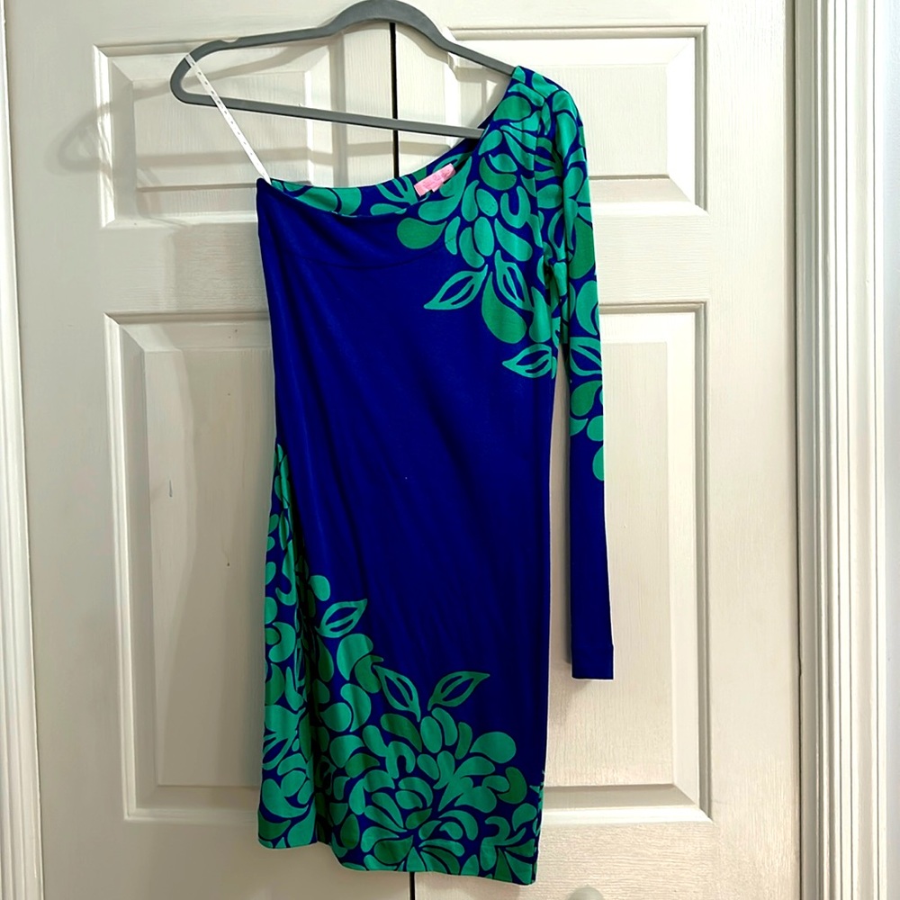 One shoulder royal blue with teal flowers